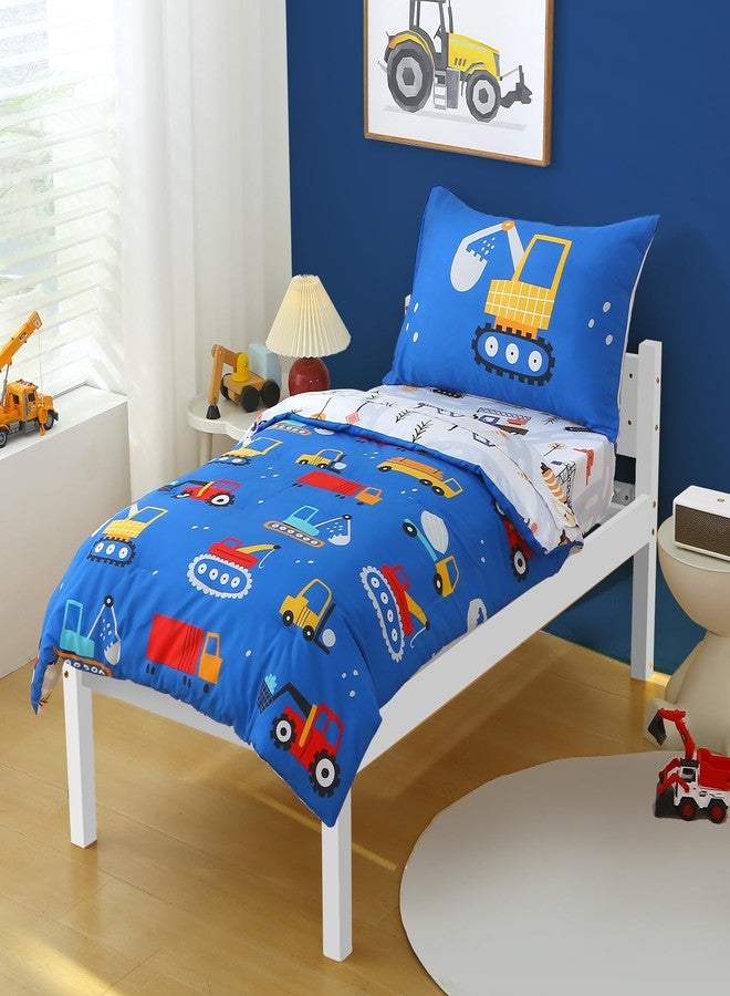JQWUPUP Blue Cartoon Car Construction Toddler Bedding Set for Boys, 4 Piece Reversible Truck Lightweight Toddler Comforter with Bed Sheet Set - Image 2
